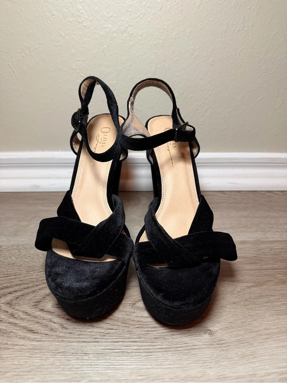 Black Velvet Platform Sandals with Ankle Strap